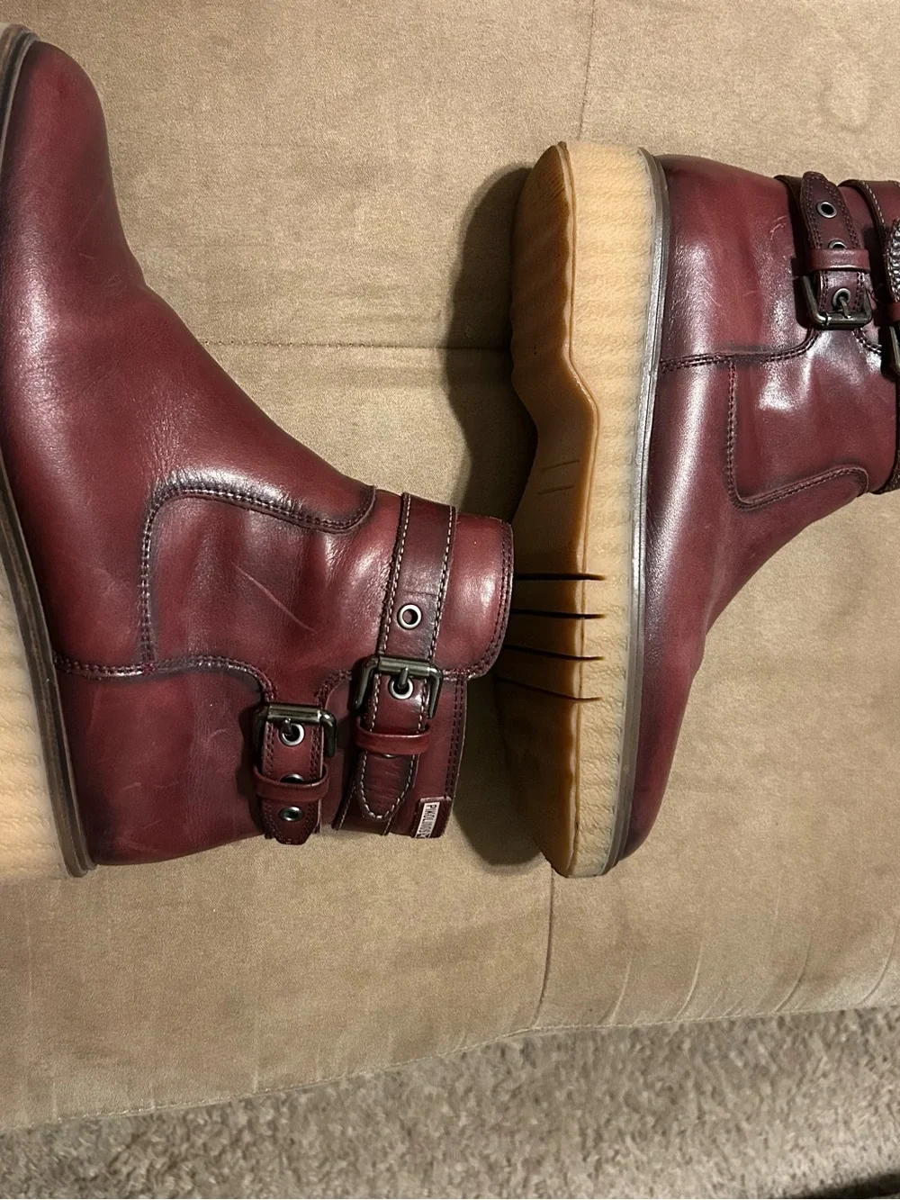 PIKOLINOS Maroon Leather Boots, buckles that are adjustable, zippers on the side